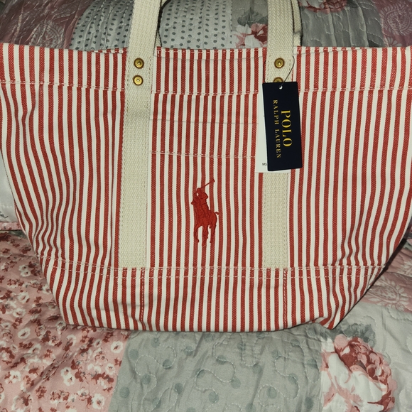Polo Ralph Lauren Handbags - Polo by Ralph Lauren Red Striped Tote Bag
